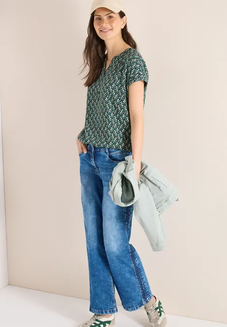 Blouse met gespleten hals en minimale print raw khaki