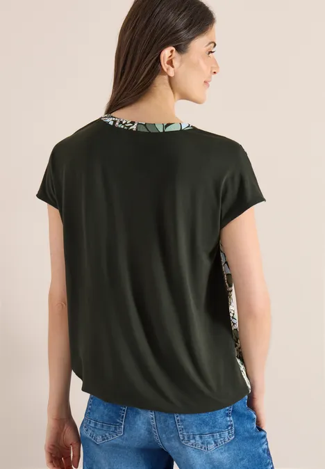 Blouse met gespleten hals en structuurmix raw khaki