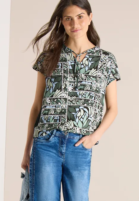 Blouse met gespleten hals en structuurmix raw khaki