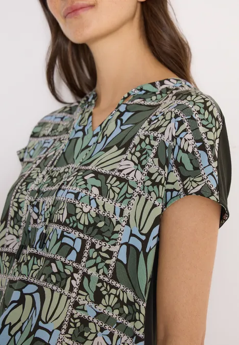 Blouse met gespleten hals en structuurmix raw khaki