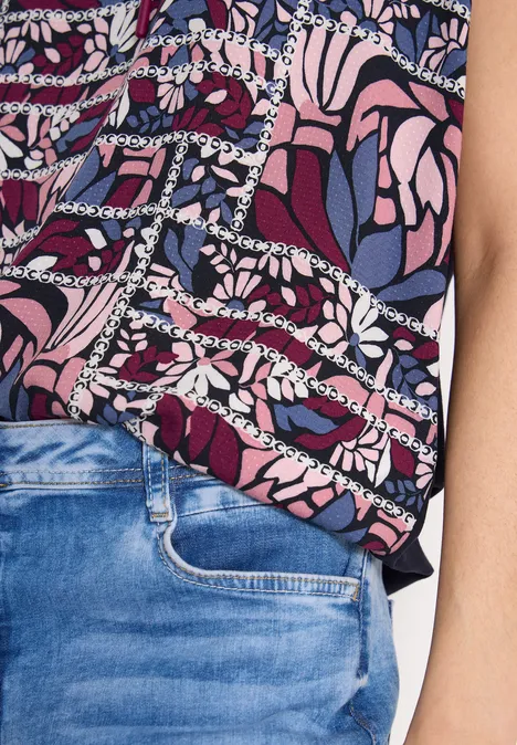 Blouse met gespleten hals en structuurmix deep plum