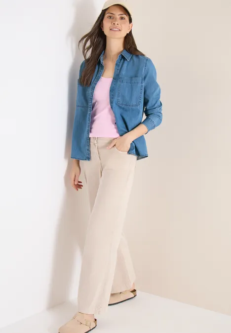 Blouse met overhemdkraag in denimlook mid blue wash