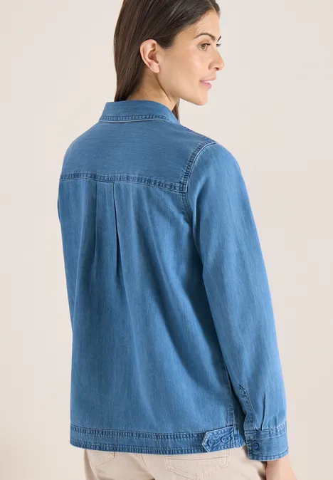 Blouse met overhemdkraag in denimlook mid blue wash