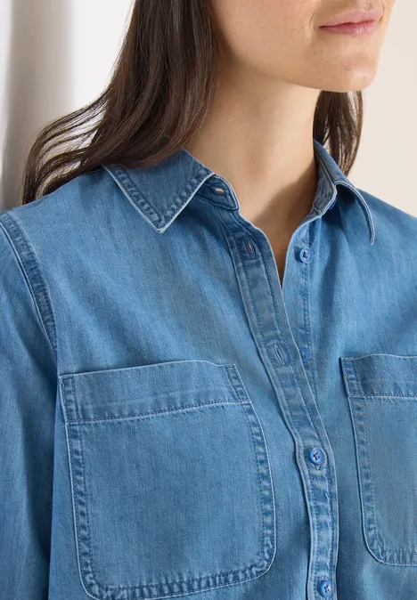 Blouse met overhemdkraag in denimlook mid blue wash