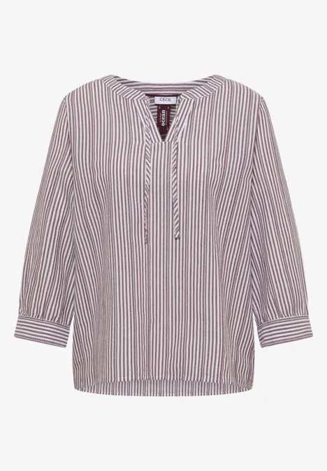 Damenbluse mit 3/4-Ärmeln, V-Ausschnitt mit Bändern, feine vertikale Streifen in Weiß und Bordeaux.