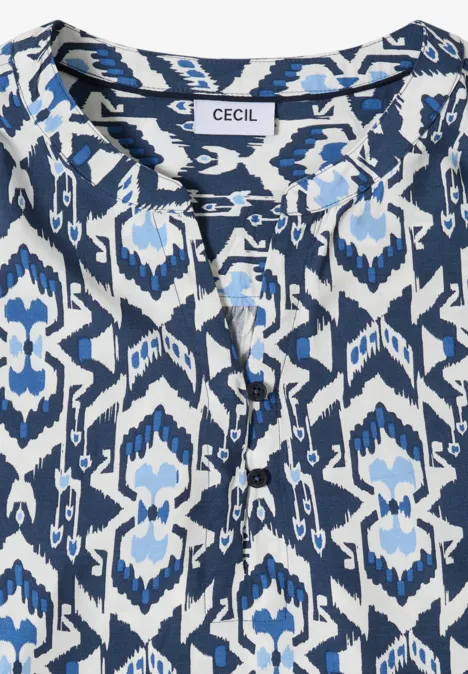 Blau-weiß gemusterte Damenbluse mit V-Ausschnitt und Knopfleiste