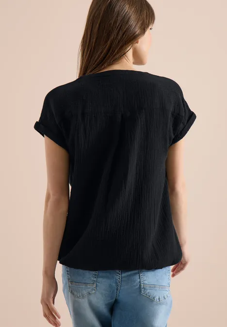 Bluse mit Split Neck aus Musselinstoff Black