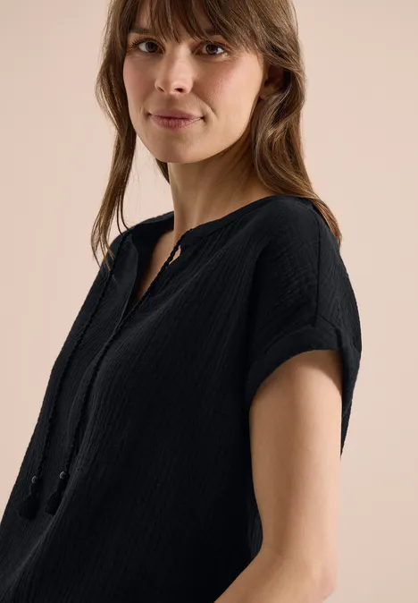 Bluse mit Split Neck aus Musselinstoff Black