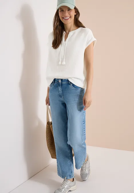 Blouse à col fendu en mousseline de soie vanilla white