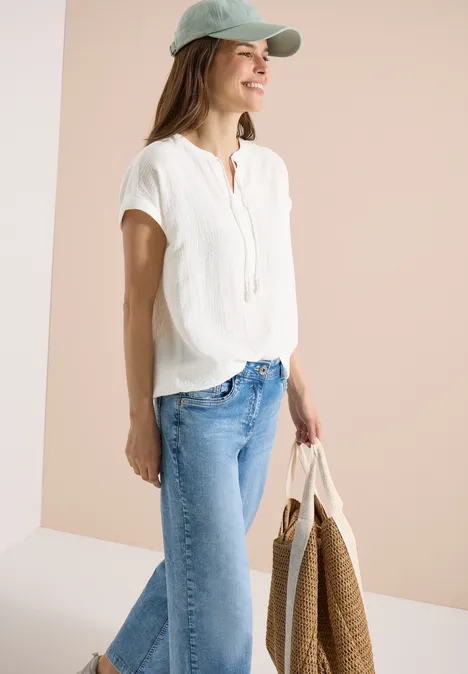 Blouse à col fendu en mousseline de soie vanilla white