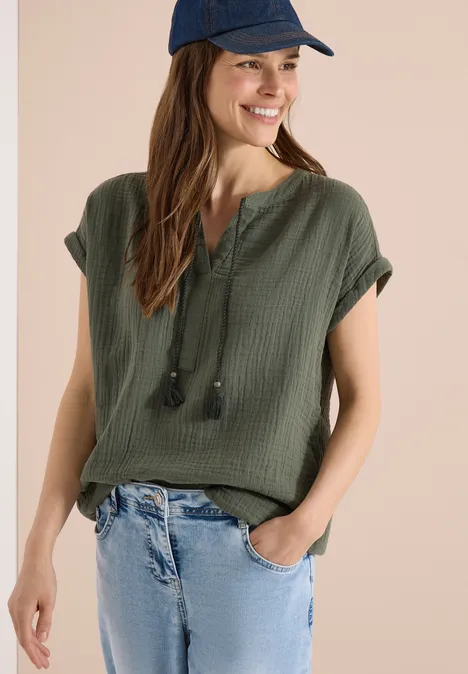 Blouse à col fendu en mousseline de soie khaki