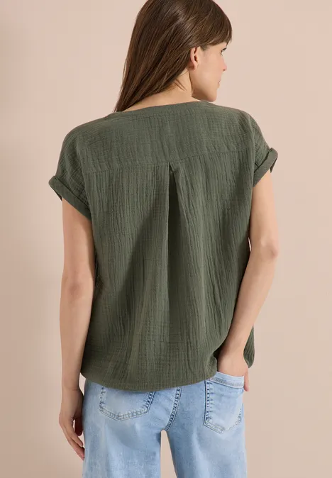 Blouse à col fendu en mousseline de soie khaki