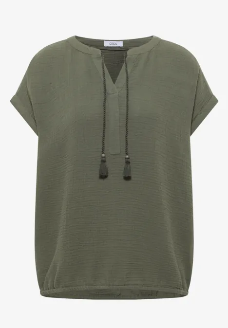 Blouse à col fendu en mousseline de soie khaki