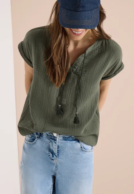 Blouse à col fendu en mousseline de soie khaki