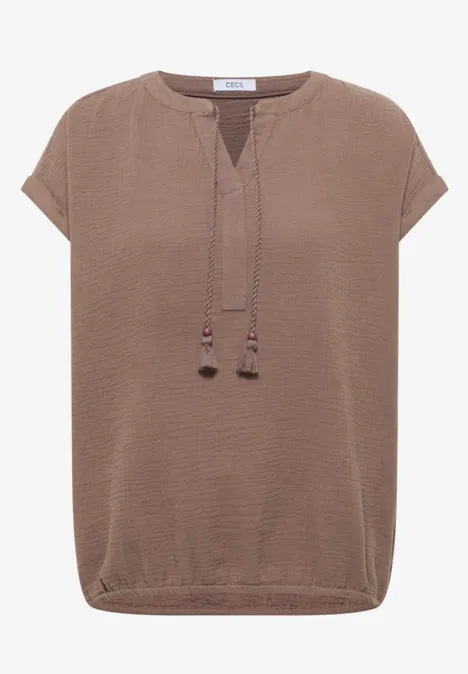 Blouse met gespleten hals in mousseline urban taupe