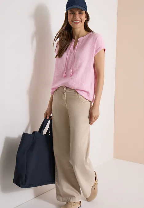 Bluse mit Split Neck aus Musselinstoff light blush rose