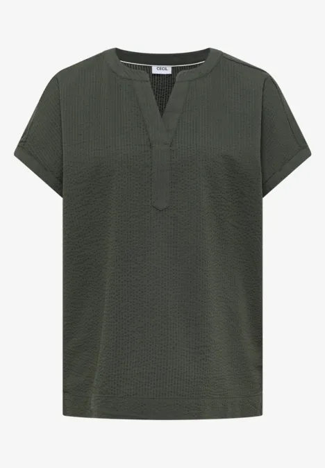 Dropped Shoulder Bluse in Seersuckerqualität khaki