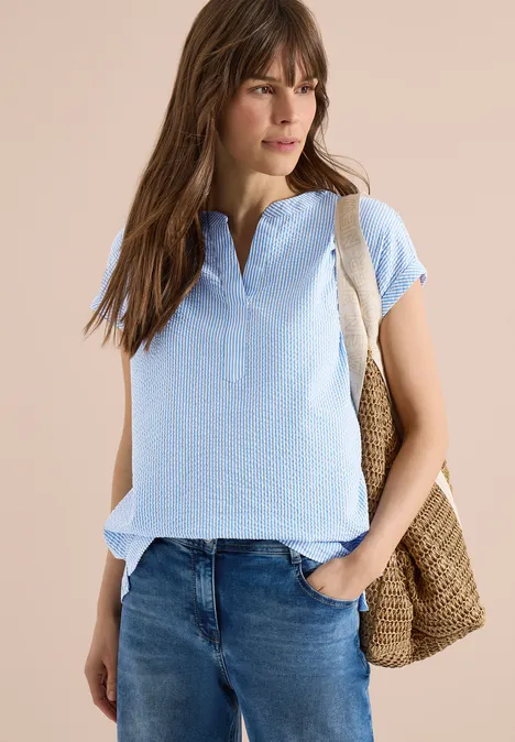 Blouse avec split neck en qualité seersucker blouse blue