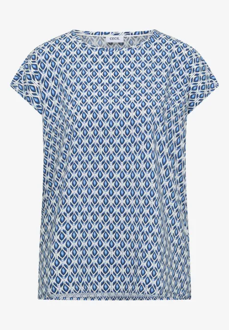 Blau-weiß gemustertes Damen-Shirt mit kurzen Ärmeln und lockerem Schnitt.