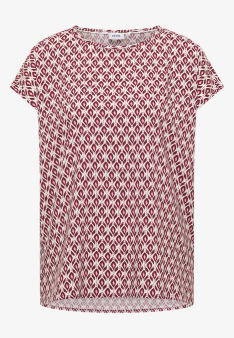 Rood T-shirt met korte mouwen en wit geometrisch patroon.