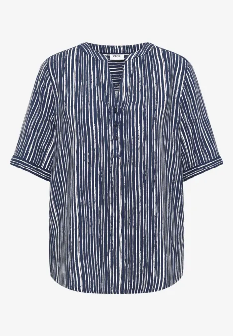 Bluse mit vertikalem blau-weißem Streifenmuster, kurzen Ärmeln und Knopfleiste