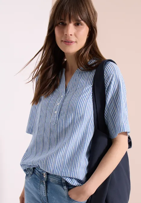 Bluse mit Split Neck und Streifen blouse blue