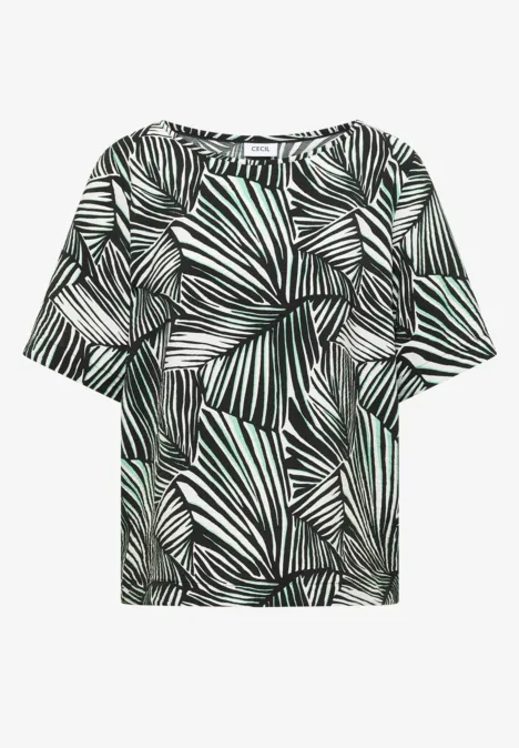 Bequemes Kurzarm-Shirt mit abstraktem schwarz-weißem Blätterprint.