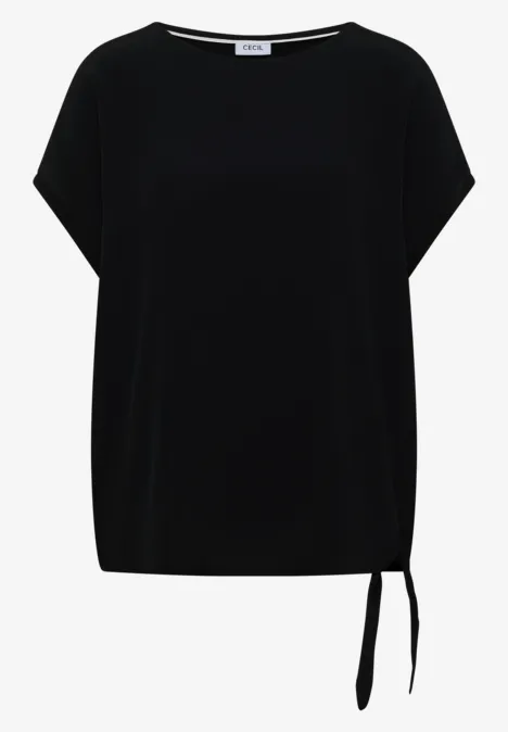 Schwarzes Damen-T-Shirt mit kurzen Fledermausärmeln und seitlicher Bindung.