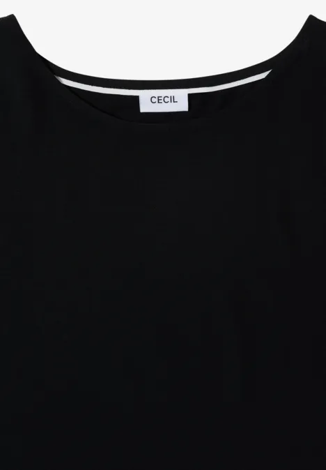 Schlichtes schwarzes Shirt mit Rundhalsausschnitt und Markenlabel 'Cecil' innen im Nacken.