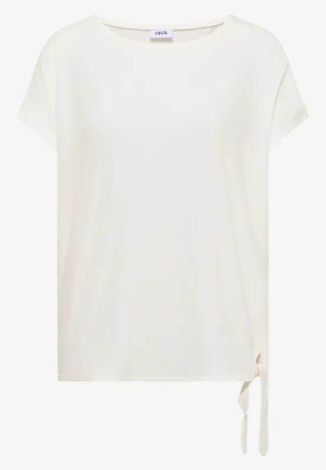 Blouse met ronde hals en knoopdetail vanilla white Witte damestop met korte mouwen, ronde hals en strikdetail aan de zijkant.
