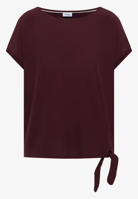 Bluse mit Rundhals und Knotendetail sweet grape red Weinrotes Damen-T-Shirt mit Rundhalsausschnitt, kurzen Ärmeln und seitlichem Knotendetail am Saum.