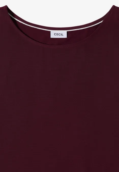 Bluse mit Rundhals und Knotendetail sweet grape red Ein schlichtes, dunkelrotes, kurzärmeliges T-Shirt mit rundem Halsausschnitt und Label 'CECIL'.