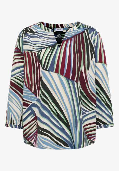 Los vallende blouse met driekwart mouwen en golvende strepen in blauw, groen, bordeaux en wit.