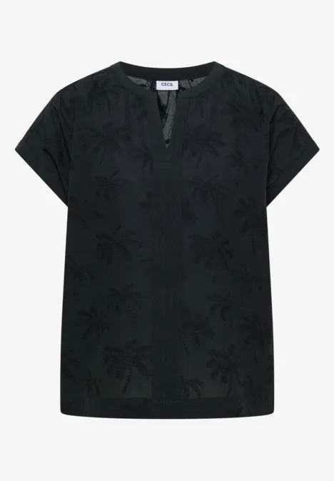 Schwarze Bluse mit kurzem Arm, Rundhalsausschnitt und dezentem, tonigem Palmenmuster.
