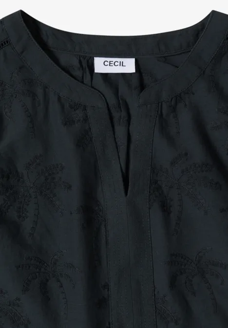 Schwarze Damenbluse aus leichter Baumwolle mit feinem Strukturmuster und V-Ausschnitt, CECIL-Logo