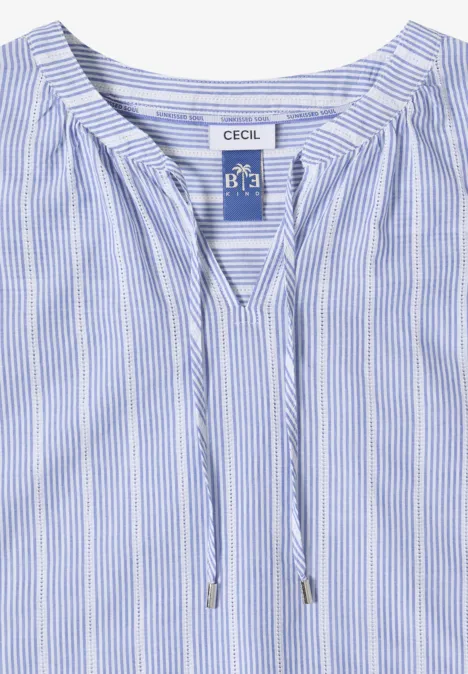 Damenbluse mit blauen und weißen Streifen, V-Ausschnitt und Kordelzug.