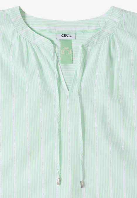 Leichte, hellgrün-weiß gestreifte Damenbluse mit elastischem Rundhalsausschnitt und Kordelzug