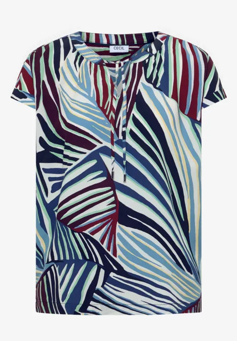 Korte mouwen top met abstracte bladprint in blauw, crème en bordeaux.