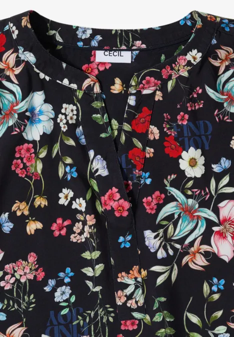 Schwarze Bluse mit buntem Blumenmuster und V-Ausschnitt