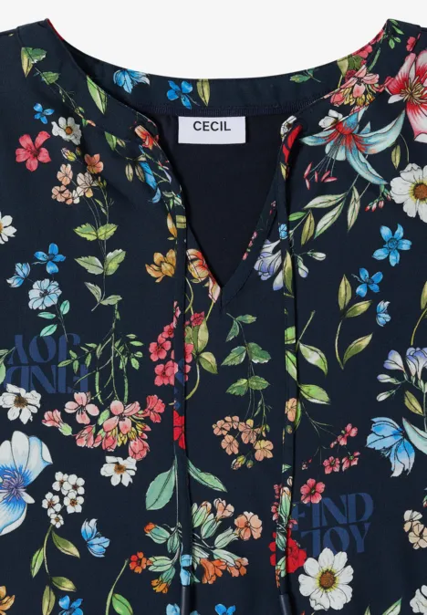 Dunkelbluse mit buntem Blumenmuster und kleinem V-Ausschnitt, Marke CECIL