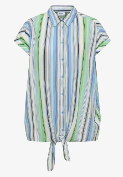 Ärmellose Bluse mit Hemdkragen, Knopfleiste und Knoten am Saum, in Weiß mit grünen und blauen Streifen.