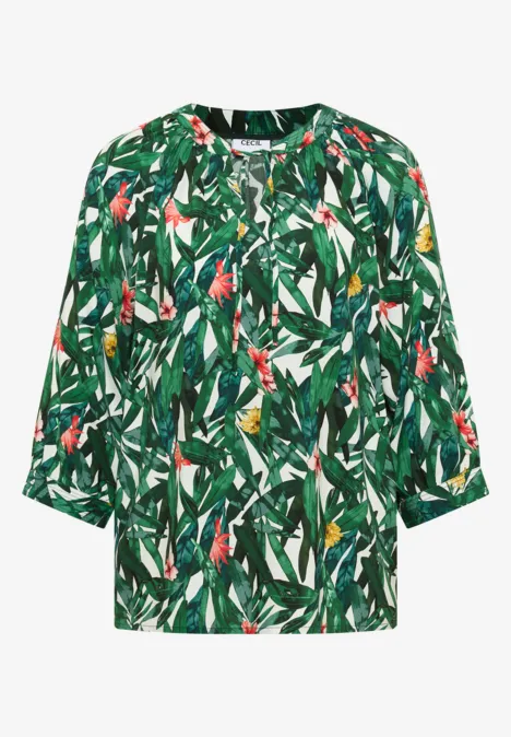 Leichtes Damenshirt mit buntem Blatt- und Blumenmuster in Grün- und Rottönen, 3/4-Ärmel, legerer Schnitt.