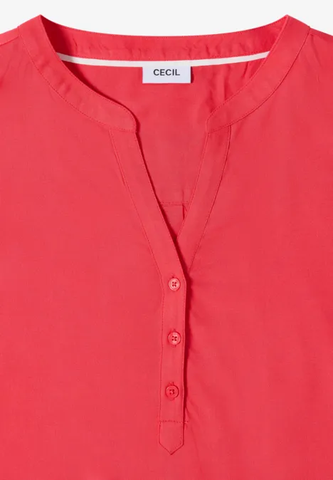 Blouse met korte mouwen en gespleten hals coral Rode damesblouse met V-hals, knoopsluiting en eenvoudige, elegante uitstraling.