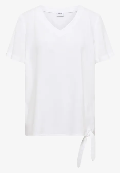 Weißes V-Ausschnitt-Shirt mit kurzem Ärmel und seitlicher Knotendetail am Saum.
