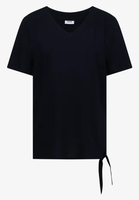 Zwart T-shirt met V-hals, korte mouwen en een gestrikt detail aan de zijkant.