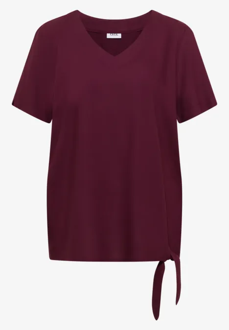 Dunkelrotes T-Shirt mit V-Ausschnitt und seitlichem Knoten