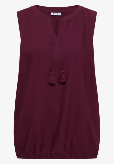 Ärmelloses, burgunderfarbenes Top mit Quasten am V-Ausschnitt und leicht gerafftem Bund
