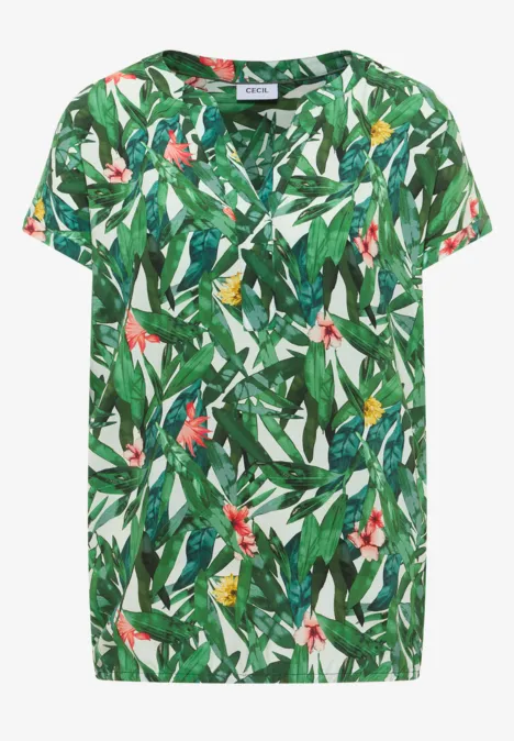 Korte mouw T-shirt met tropisch patroon van groene bladeren en bloemen.
