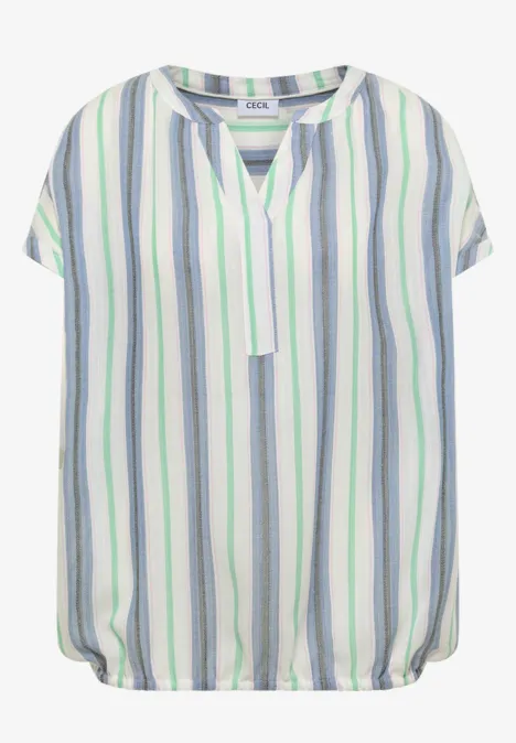 Bluse mit kurzen Ärmeln, V-Ausschnitt und elastischem Bund, weiß-blau-grün gestreift.