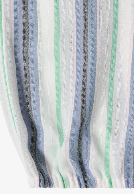 Elastisches Bündchen eines Kleidungsstücks mit pastellfarbenen vertikalen Streifen in Blau, Grün und Grau